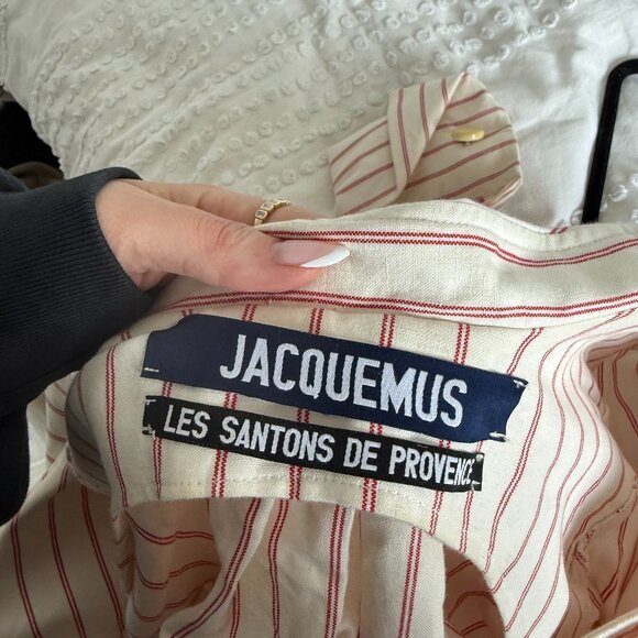Jacquemus Les Santons De Provence Mini Shirt Dress Striped Linen Pleated Red 42 - Picture 2 of 8